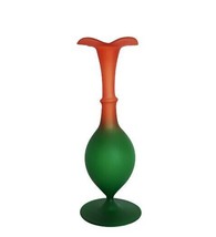 Cute vintage green &amp; orange flash painted art glass pedestal bud vase - $24.99
