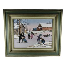 Vintage Signed C Carson Original Oil Painting Amish Ice Skating 12x16&quot; Framed - £76.09 GBP