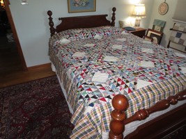 1940-50&#39;s TRIANGLE DESIGN Cotton PATCHWORK QUILT TOP  w/Plaid Border - 8... - £77.38 GBP