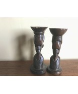 Vintage Pair African art  Hand Carved Wood Candle Sticks Holders 6&quot;  Wom... - $376.34 MXN
