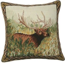 Throw Pillow Needlepoint Elk in the Woods 18x18 Beige Velvet Cotton Poly Insert - £227.41 GBP