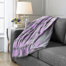 Sunbeam Heated Throw Blanket Microplush Grey Purple Plaid Hockey Fights Cancer - £47.44 GBP