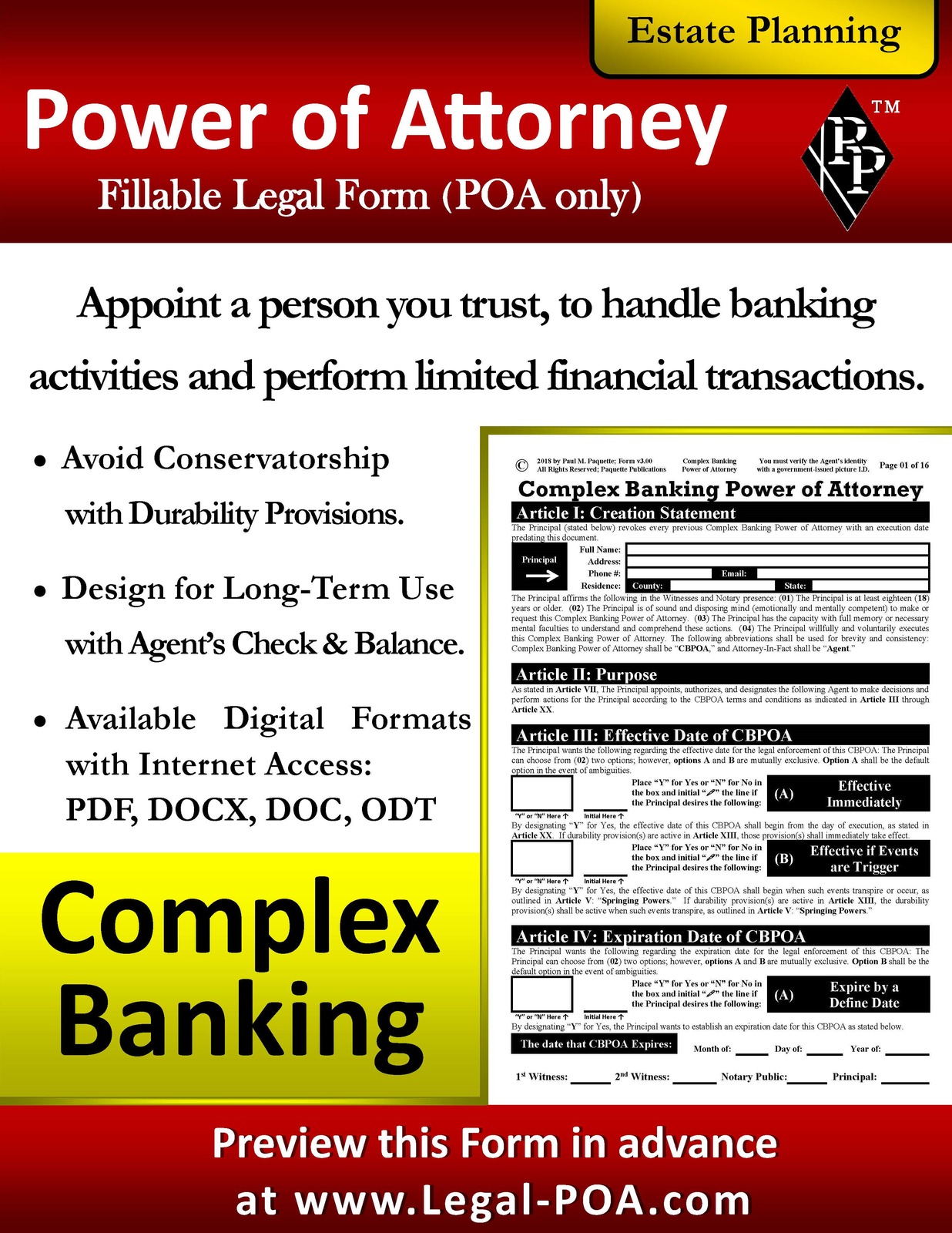 Complex Banking Power of Attorney - Form &amp; Instructions ( Legal Kit ) - $9.99