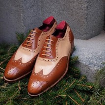 Handmade Men Brown Beige Wing Tip Rounded Brogues Toe Spectator Classical Shoes - £119.87 GBP+