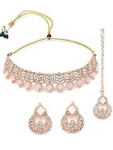 ose Gold Plated Pink AD Stones Beads Choker Necklace Set Jewelry Earring Kundan - £17.92 GBP