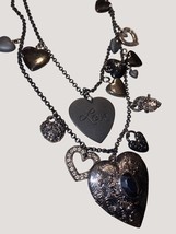 Heidi Klum Multi-Layer Gun Metal Black Heart Necklace Love Pendant Embellishment - £29.57 GBP