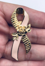 Vintage Avon Gold Tone Pink Ribbon Breast Cancer Awareness Brooch Pin 2&quot;... - $9.49