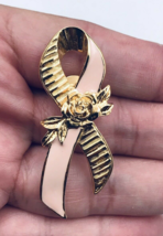 Vintage Avon Gold Tone Pink Ribbon Breast Cancer Awareness Brooch Pin 2&quot; x .75&quot; - £7.63 GBP