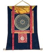 OM MANTRA MANDALA ORIGINAL BLACK N GOLD TIBETAN THANGKA PAINTING WITH SI... - $143.49