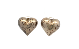 Vintage Sterling Silver Floral Etched Victorian Solid Puff Heart Stud Ea... - $39.60