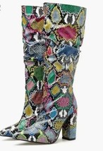 Women&#39;s Pleated Colorful Snake Print Pointed Toe Square Heel Boots SZ 6-9 - £55.91 GBP