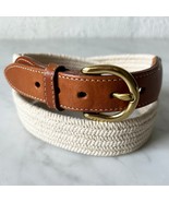 Vintage 90s Lands&#39; End Brown Leather Belt Woven Cotton Off-White-Women&#39;s... - $524.29 MXN