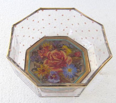 Mackenzie -Childs Ltd Octagonal Glass Shape Arcoroc Bowl Handpainted Floral Desi - £51.62 GBP