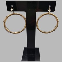 Artisan Mixed Materials Hoops Earrings Dark Beige Textile Cord Gold Tone... - $7.76