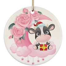 Cute Baby Cow On Pink Moon Ornament Christmas Gift Home Decor For Animal Lover - £11.83 GBP