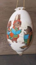 Vtg Handmade Egg Hanging Christmas Ornament Decoupage Beaded Rabbits MCM 60s - $23.20