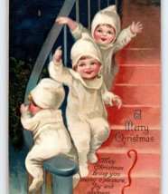 Christmas Postcard Ellen Clapsaddle Children On Stairs One Slides Down Railing - £26.12 GBP