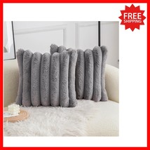 Set of 2 Grey Faux Fur 18x18 Decorative Pillow Covers - Luxurious Velvet... - $37.82