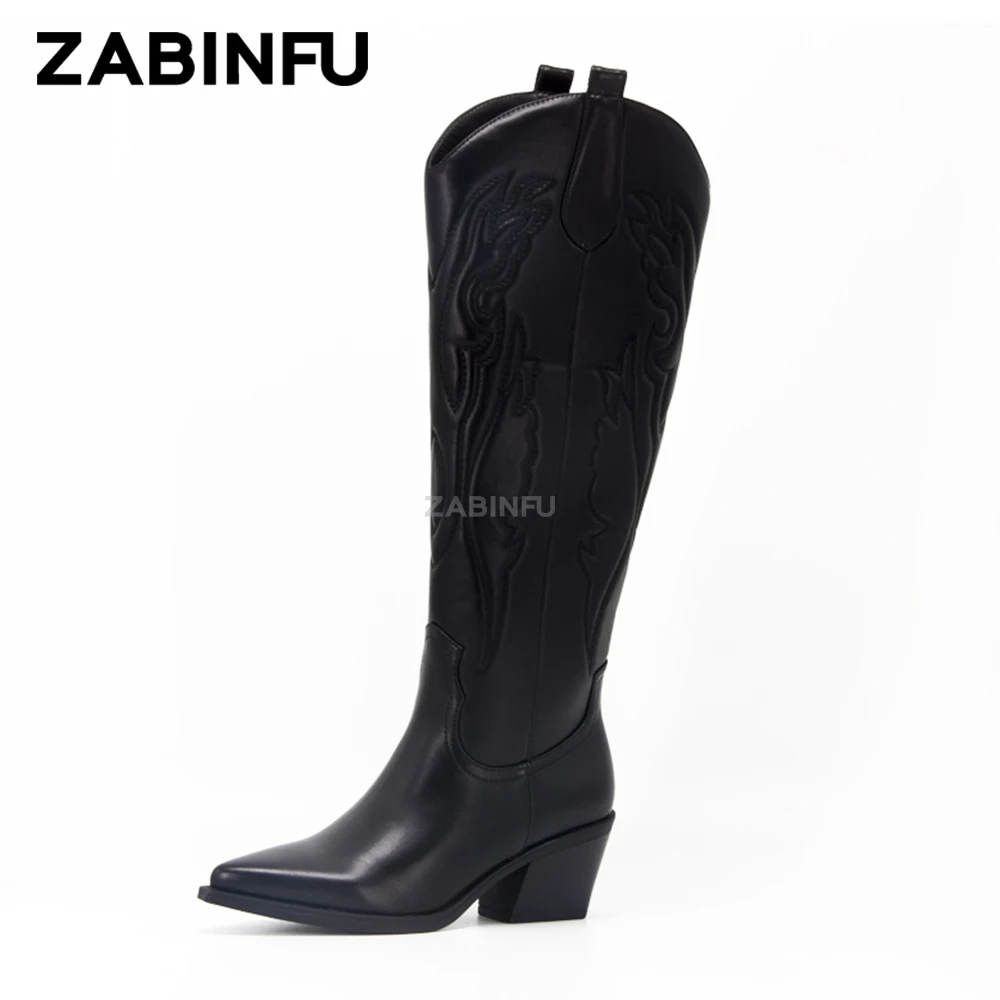 Mn winter western boots mid calf women boots embroidered zipper pointed toe block heels thumb200