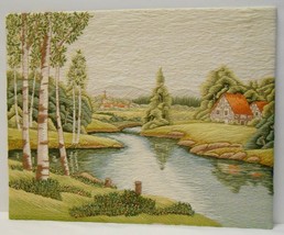 BIRCH TREES RIVER &amp; COTTAGE Vtg BUNKA Embroidery Art Panel Complete Wall... - £101.51 GBP