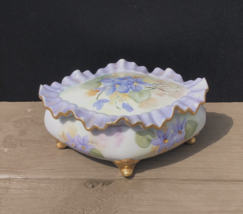 Porcelain Trinket Box Crimped Lid Diamond Shape Violets Pastel Signed Ha... - £21.32 GBP