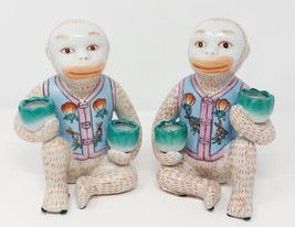 Chinoiserie Handpainted VTG Ceramic Monkeys (Pair) w Lotus Candle Holders Flower - £273.25 GBP