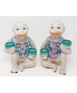 Chinoiserie Handpainted VTG Ceramic Monkeys (Pair) w Lotus Candle Holder... - £273.71 GBP
