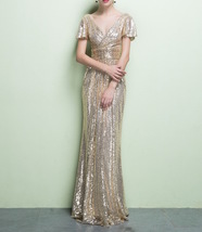 Gold Maxi Sequin Dress Women Cap Sleeve Retro Style Plus Size Sequin Dress image 4