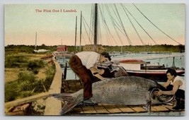 Exxagerated Fish The First One I Landed Men Ax Pier J Herman Postcard M29 - £5.46 GBP