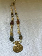 Estate Clear &amp; Brown Swirl Plastic Bead with Large Gilt Enamel Oval Pendant Neck - £8.30 GBP