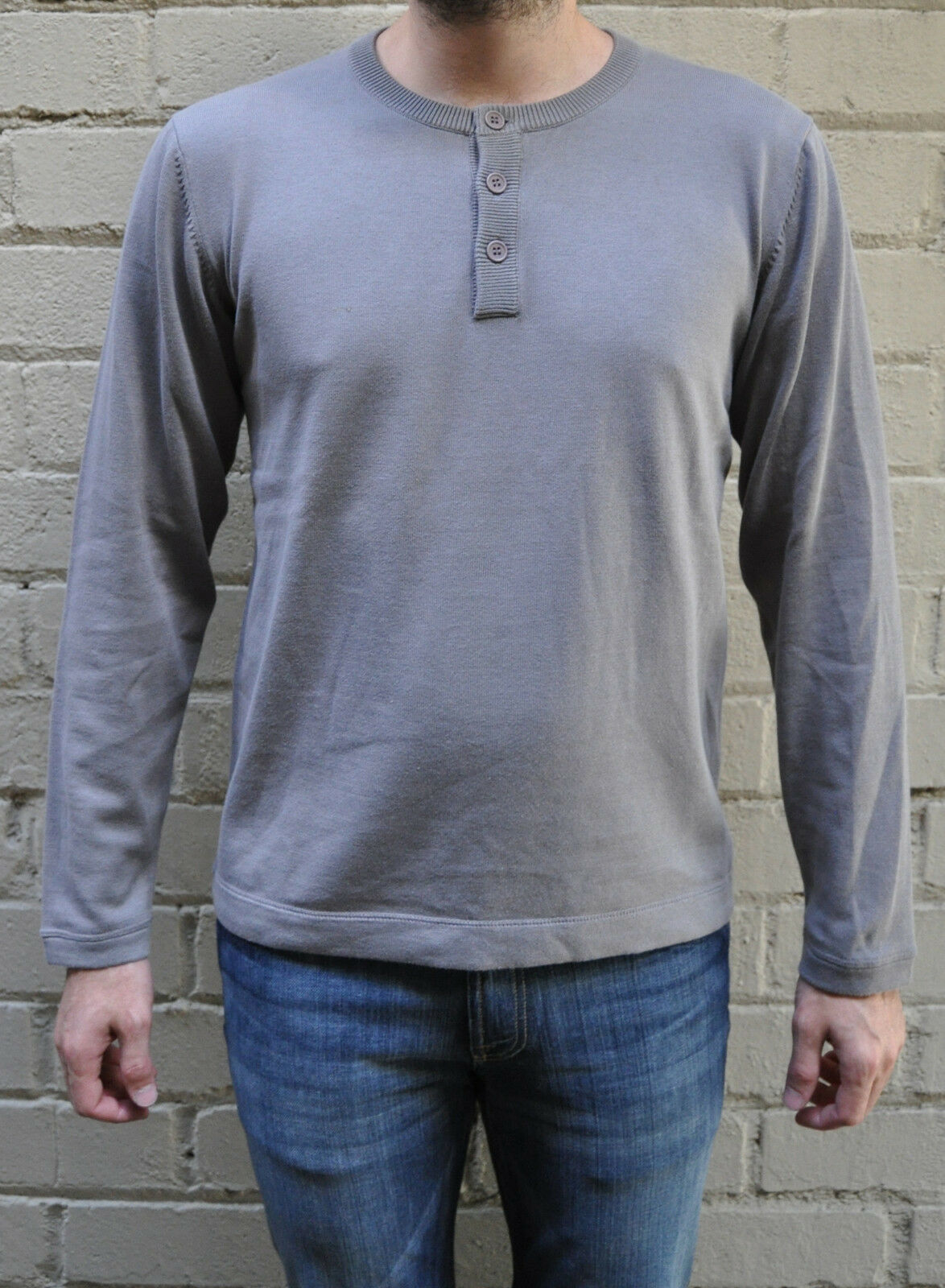 French Connection Grey Cotton LS Henley Sweater S - $25.58