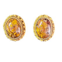 Art Deco Tiger&#39;s Eye &amp; Vermeil Silver Clip-On Earrings Chinese Export - £77.50 GBP