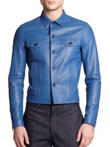 Handmade Men&#39;s Blue Leather Jacket, Men&#39;s New Blue Biker Leather Fashion Jacket - £143.87 GBP