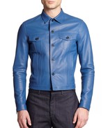 Handmade Men&#39;s Blue Leather Jacket, Men&#39;s New Blue Biker Leather Fashion... - $3,426.92 MXN