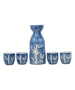 Porcelain Blue Jeans &amp; White Bamboo Japanese Sake Rice Wine Flask And 4 ... - £19.91 GBP