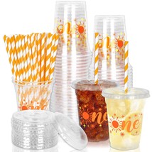 50Pcs One Sun Disposable Plastic Cups With Lids And Straws 12 Oz Boho Sunshine P - $44.99