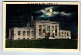 City Hall At Night Gainesville Georgia Postcard Unposted Linen Building Moon - £6.45 GBP