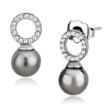 Womens Synthetic Pearl Gray Drop CZ Stud Stainless Steel Dainty Fashion Earrings - £48.45 GBP