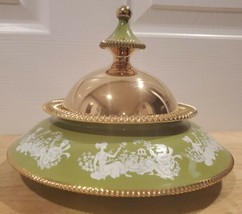 Vintage Florentine Lime Green &amp; Gold Covered Ceramic Vanity Jar - Italy w/Harps - £46.28 GBP