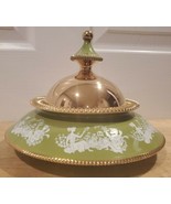 Vintage Florentine Lime Green &amp; Gold Covered Ceramic Vanity Jar - Italy ... - £45.67 GBP