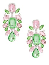 Women Pink and Green Glass Crystals Large Clip On Drop Silver Fashion Earrings - £40.84 GBP