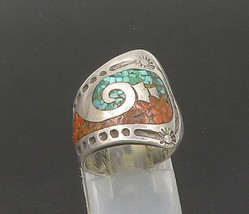 SOUTHWESTERN 925 Silver - Vintage Turquoise &amp; Coral Band Ring Sz 5 - RG21817 - £61.83 GBP