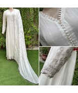 Pakistani Egg Shell White Long Maxi Style Embroidered Sequins Chiffon Dr... - $176.51 CAD