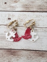 Vintage Clip On Earrings - Nautical Earrings - White Anchor &amp; Red Ship - £7.85 GBP