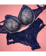 Victoria&#39;s Secret 34C BOMBSHELL BRA SET M panty navy blue lace EMBROIDER... - $108.30 CAD