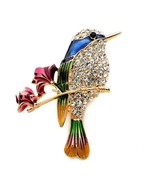 CUTE HUMMINGBIRD PIN 1.75&quot; Gold Blue Green Enamel Brooch Rhinestone Song... - $186.26 MXN