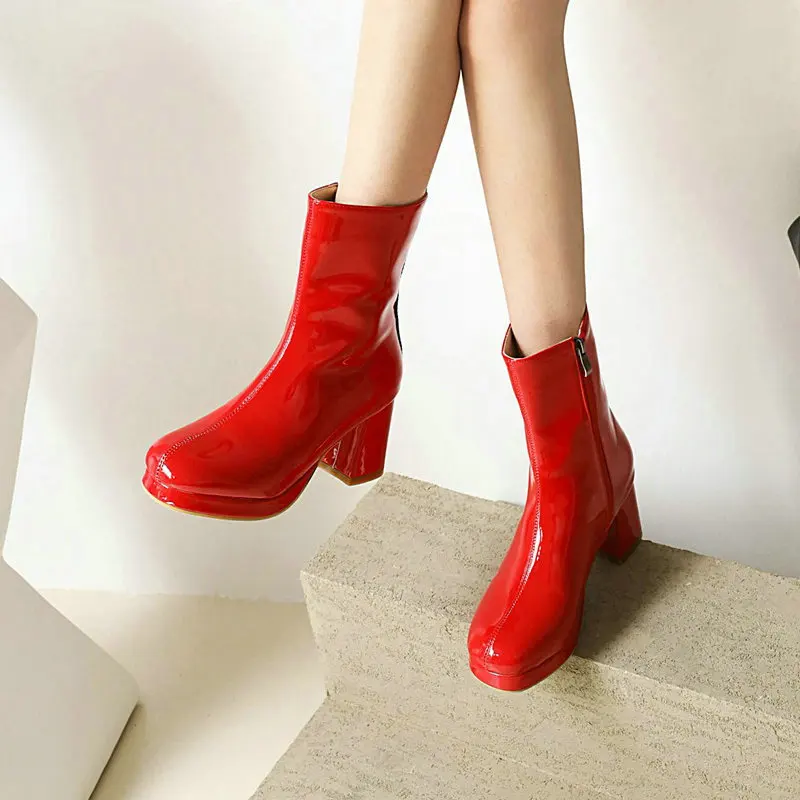Red Pink White Black Women Ankle Boots Platform Square High Heel Ladies Short Bo - £59.25 GBP