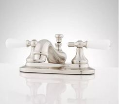 New Brushed Nickel Teapot Centerset Bathroom Faucet - Small Porcelain Lever Hand - £125.77 GBP