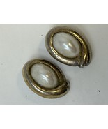 Vintage 925 Sterling Silver Clip-On Earrings Faux Pearl Oval Statement S... - $12.82