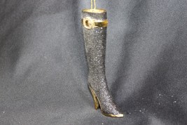 Vtg Black Glitter High Heel Boot Gold Trim Resin Miniature Shoe Ornament - €16,50 EUR